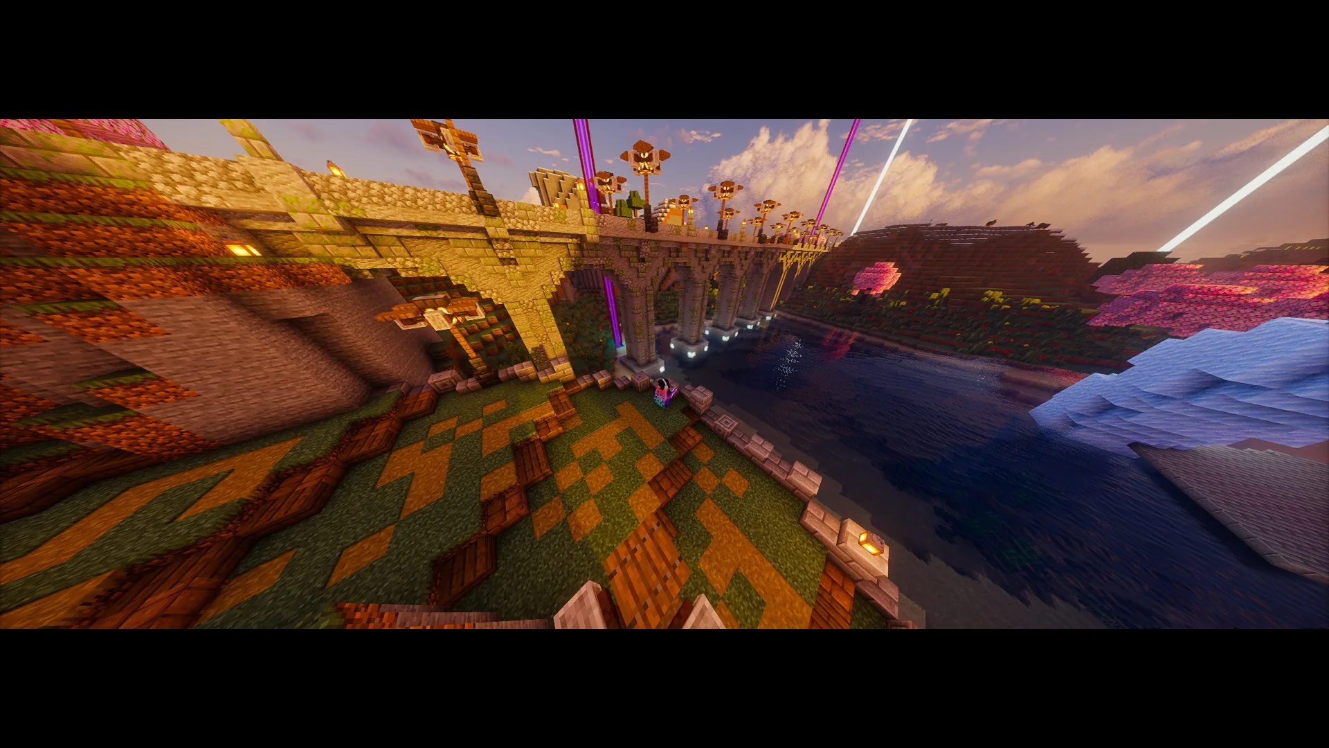 A bridge at sunset in Minecraft.