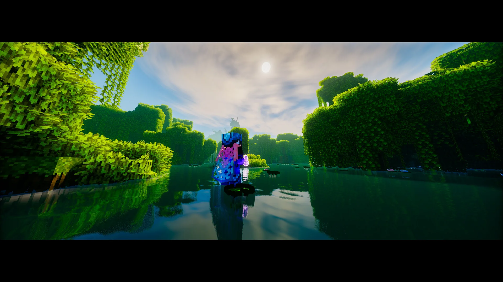 A break by the water in a Minecraft forest.