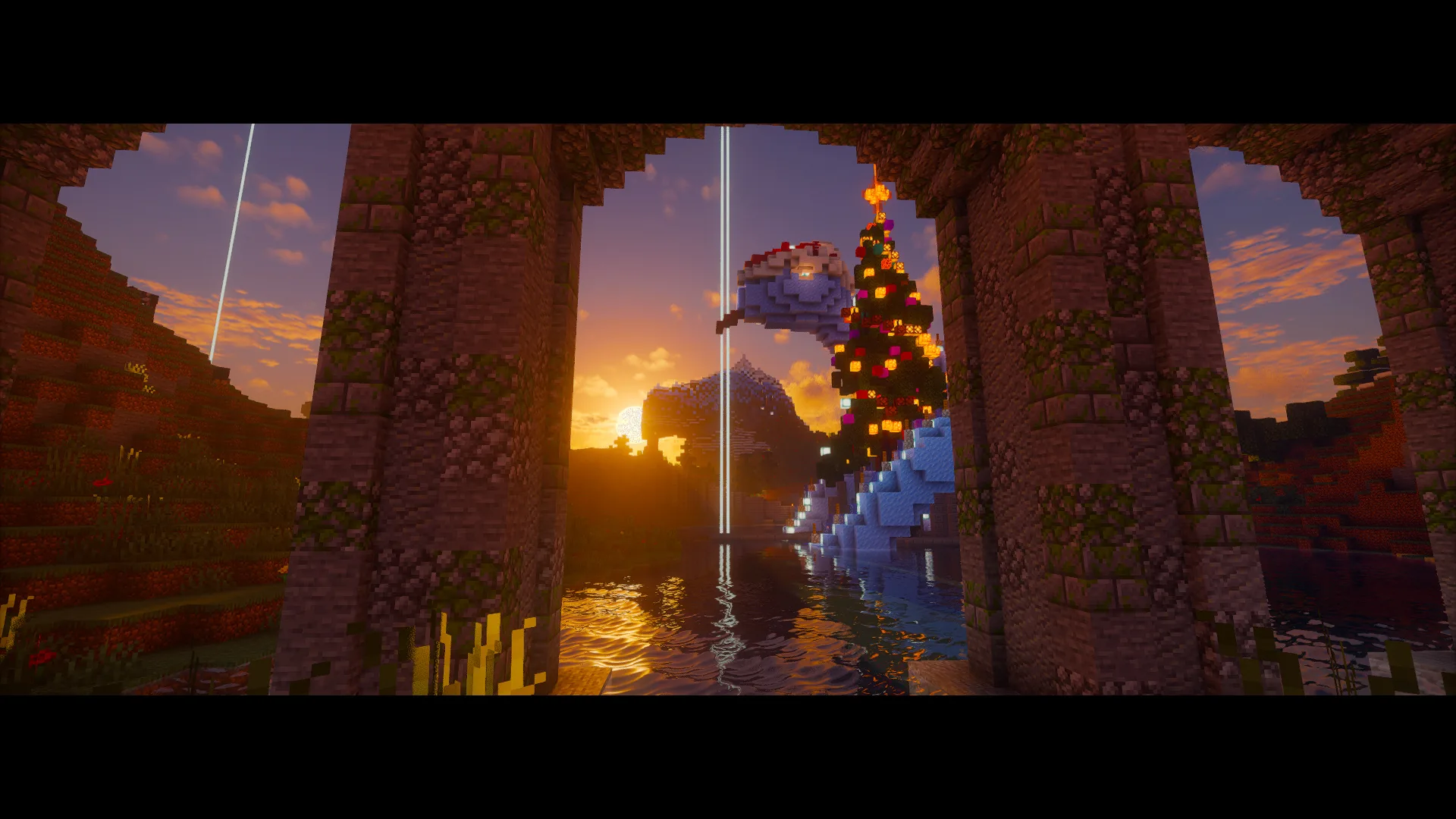 Light between Minecraft arches.