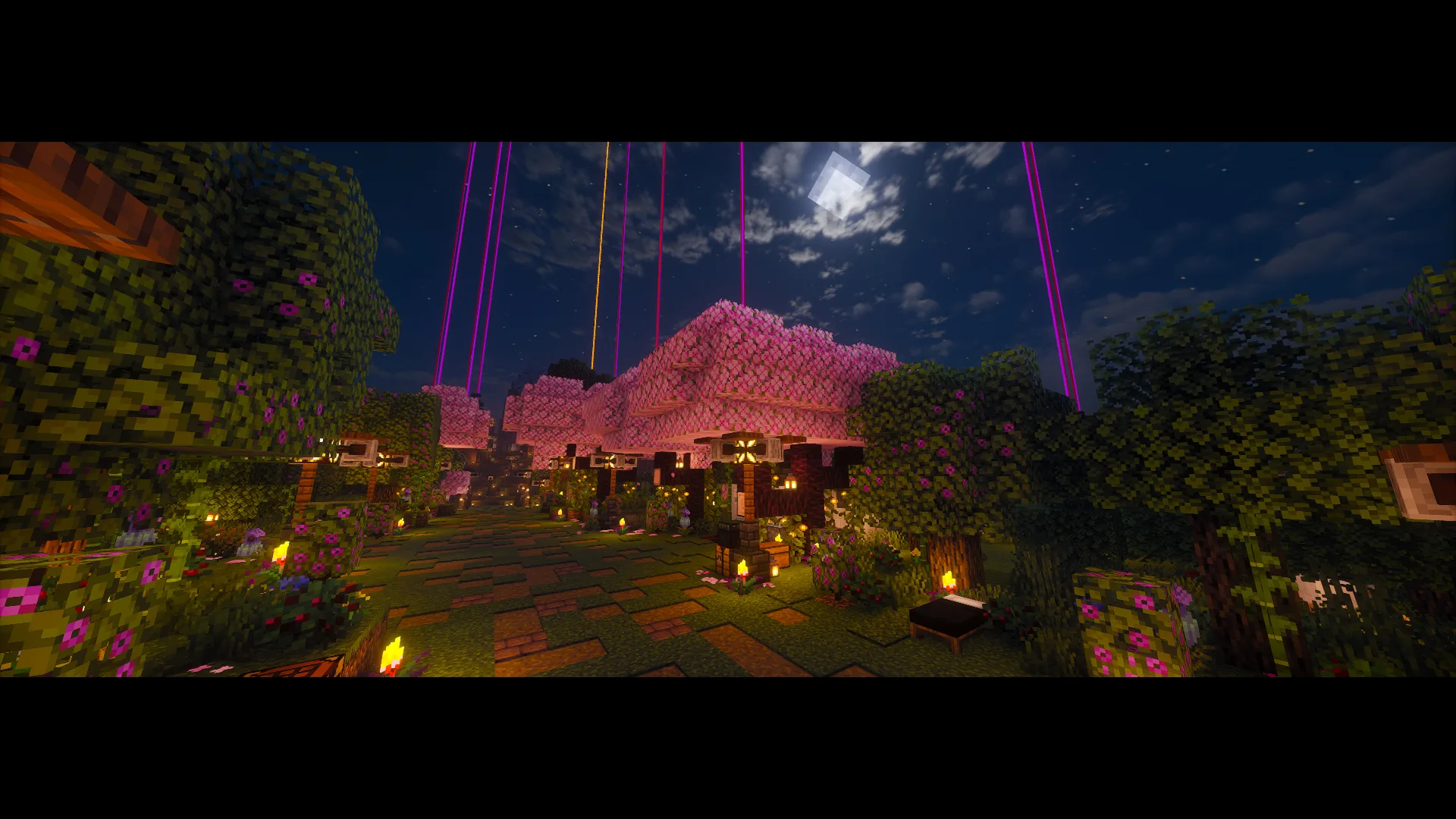 Minecraft cherry trees under moonlight.