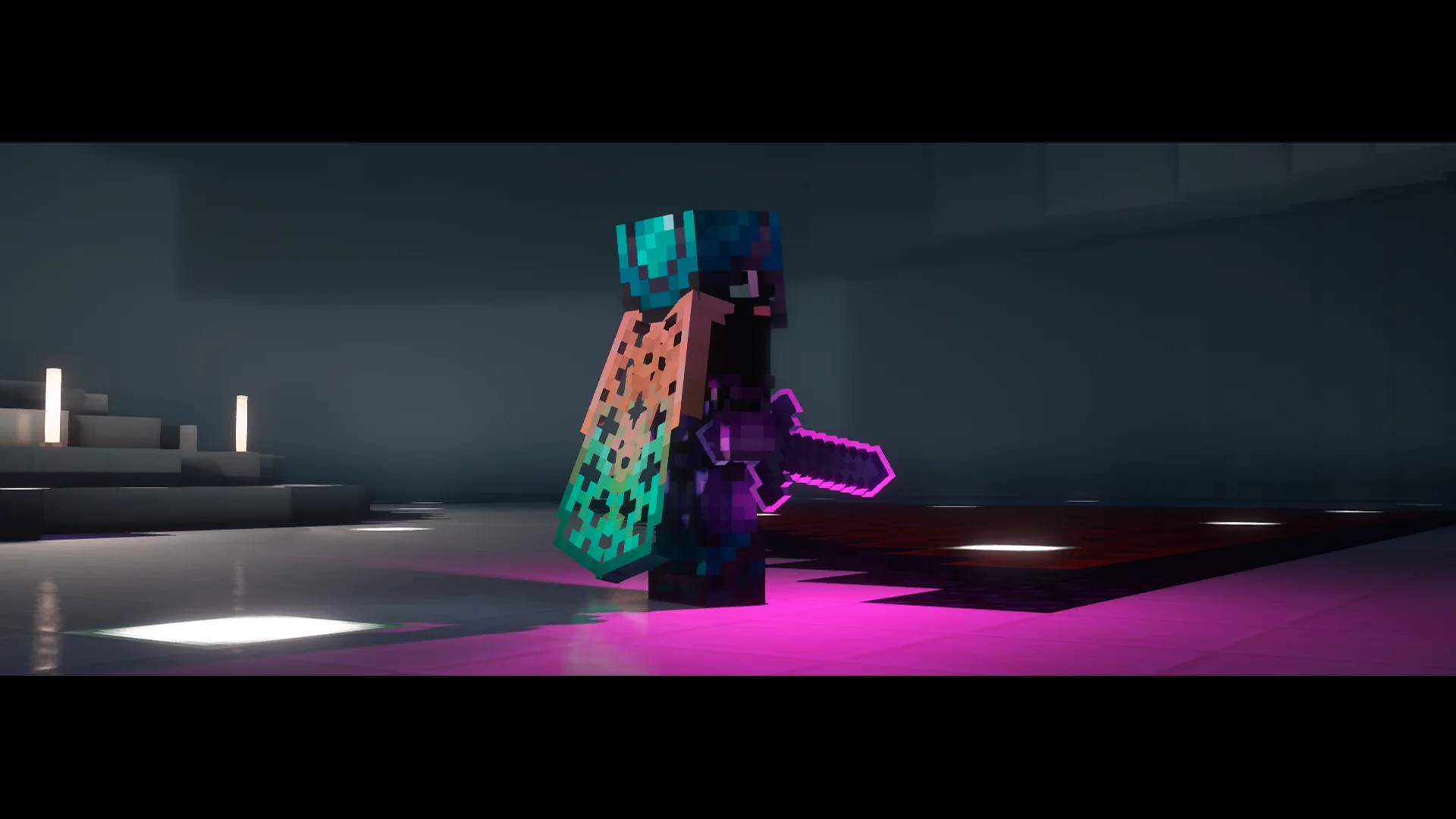 A caped traveler in an illuminated Minecraft hall.