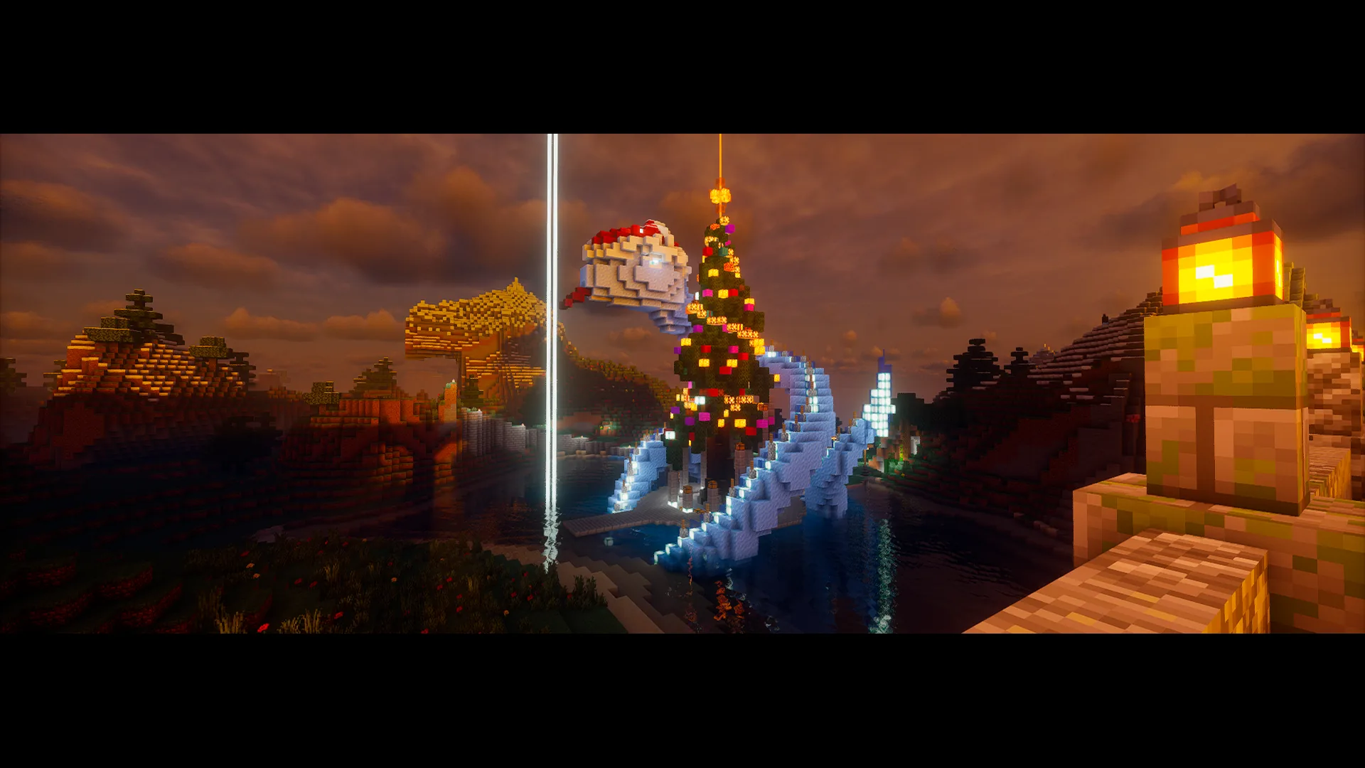 A Christmas tree beside a bridge at sunset in Minecraft.